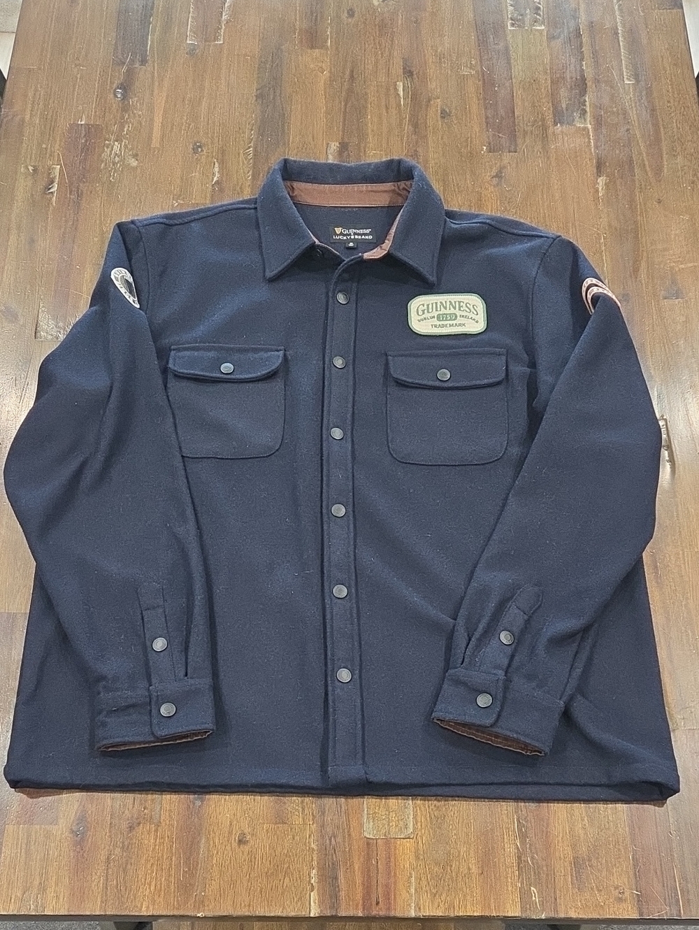 Lucky Brand/Guinness Navy Button-Front Shirt Jacket with Patch Details